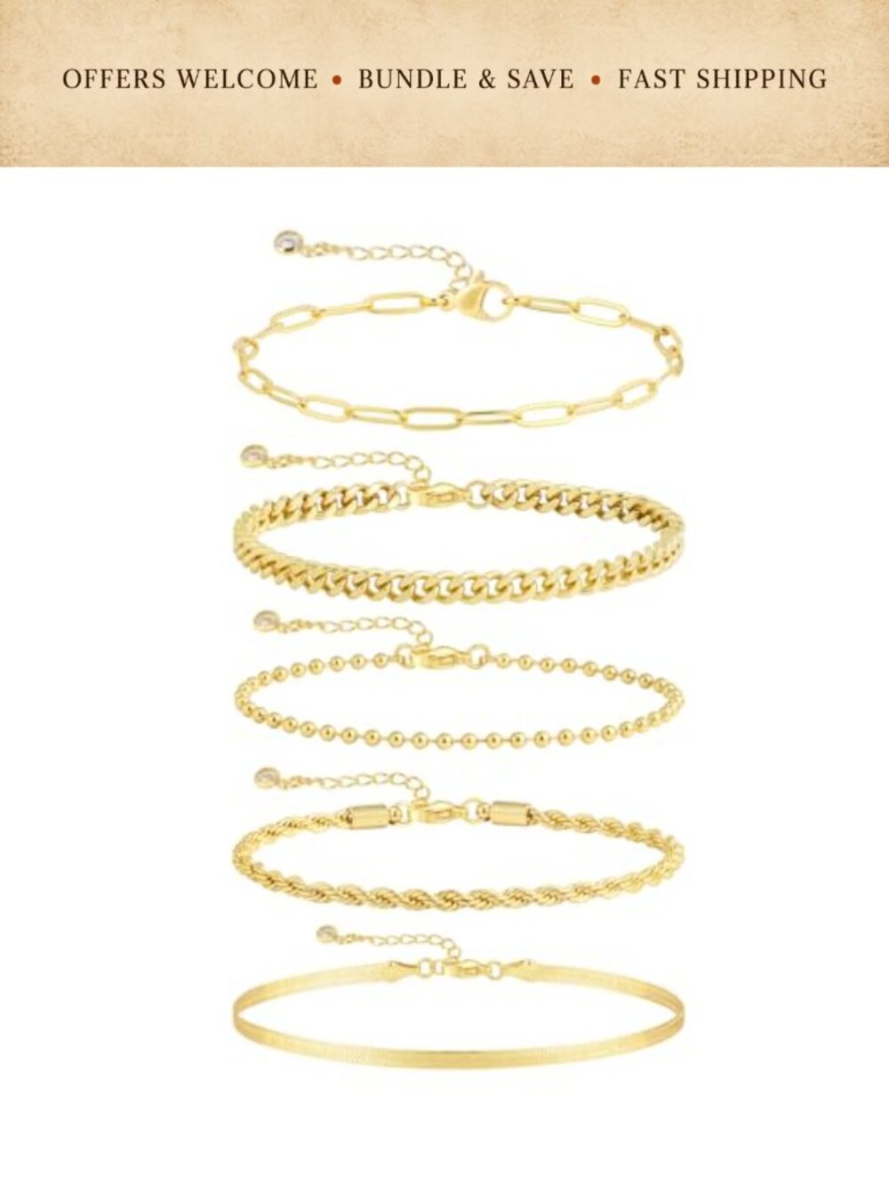 14k Gold Plated Bracelet Set Dainty Pearl Stackable Layered Link Handmade